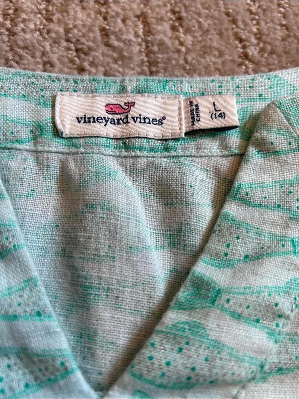 Vineyard Vines Mint Seafoam Fish-Pattern V-Neck Kids Top